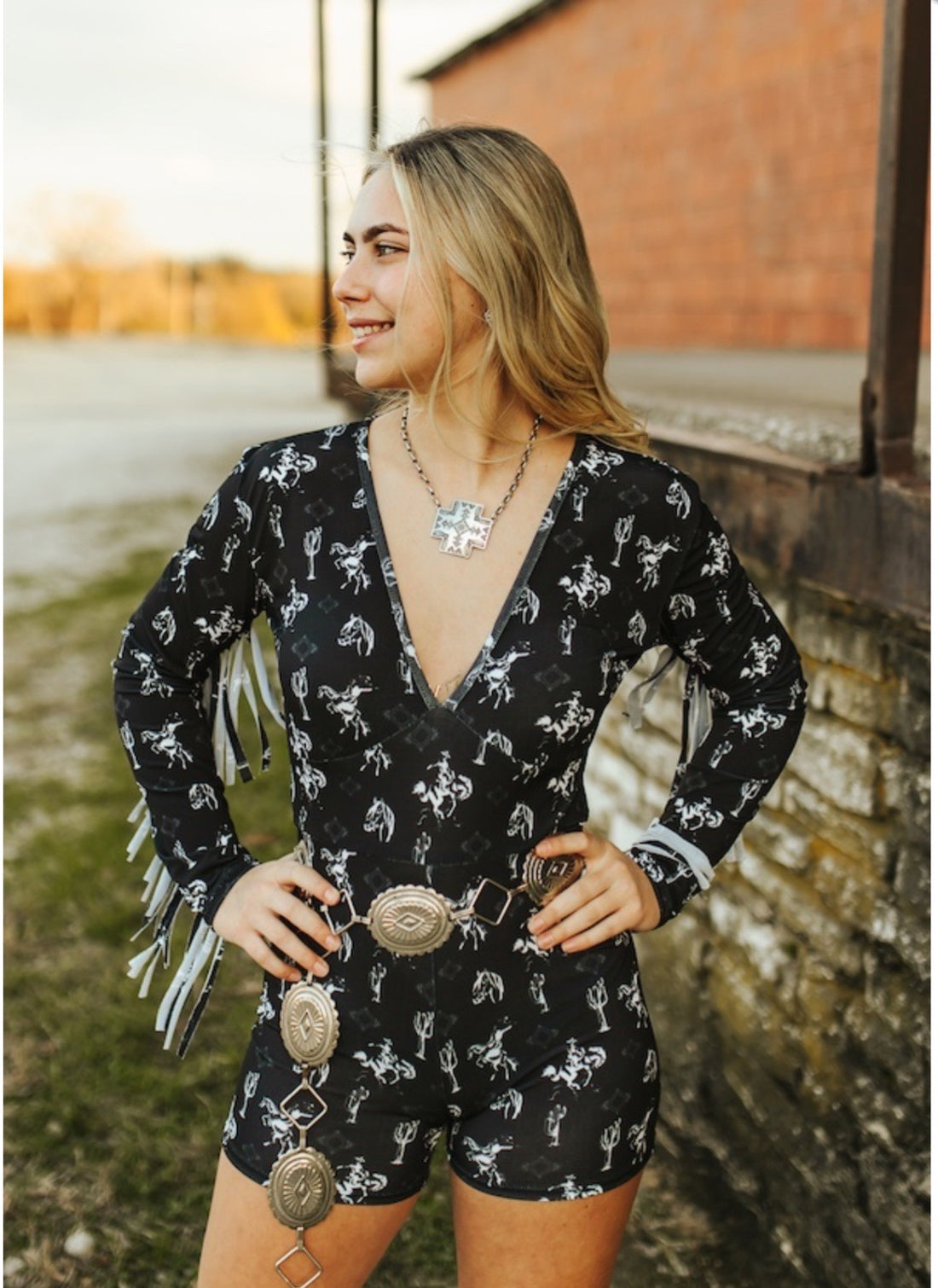 Black Western Desert Printed Fringe Romper