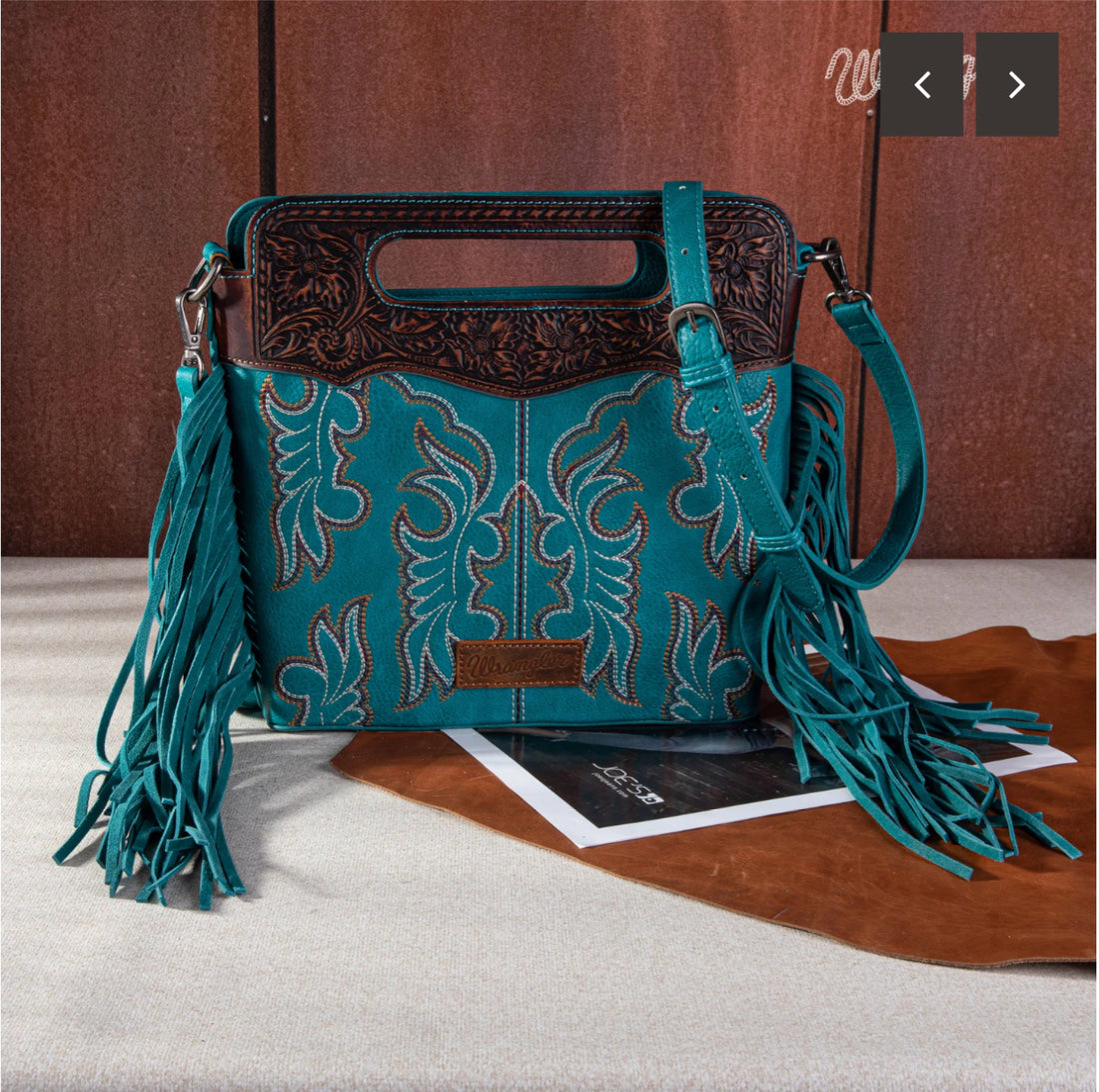 Wrangler Top Handle Embroidered Fringe Mini Crossbody Tote