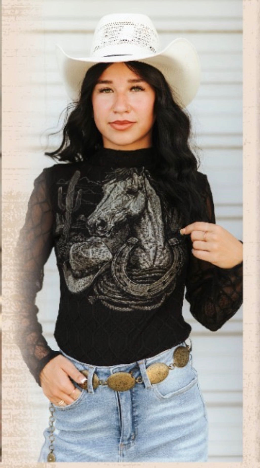 Black Western Horse Print Textured Mesh Mock Neck Top