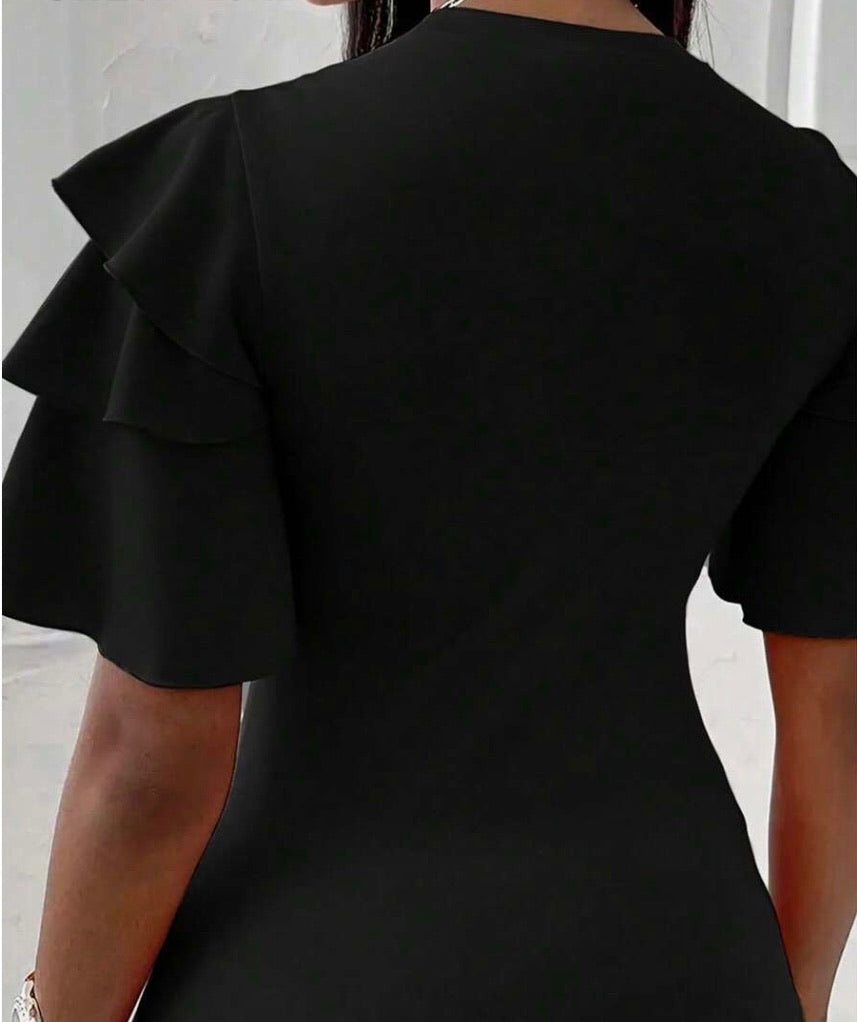Solid Color Ruffle Sleeve Fitted Top