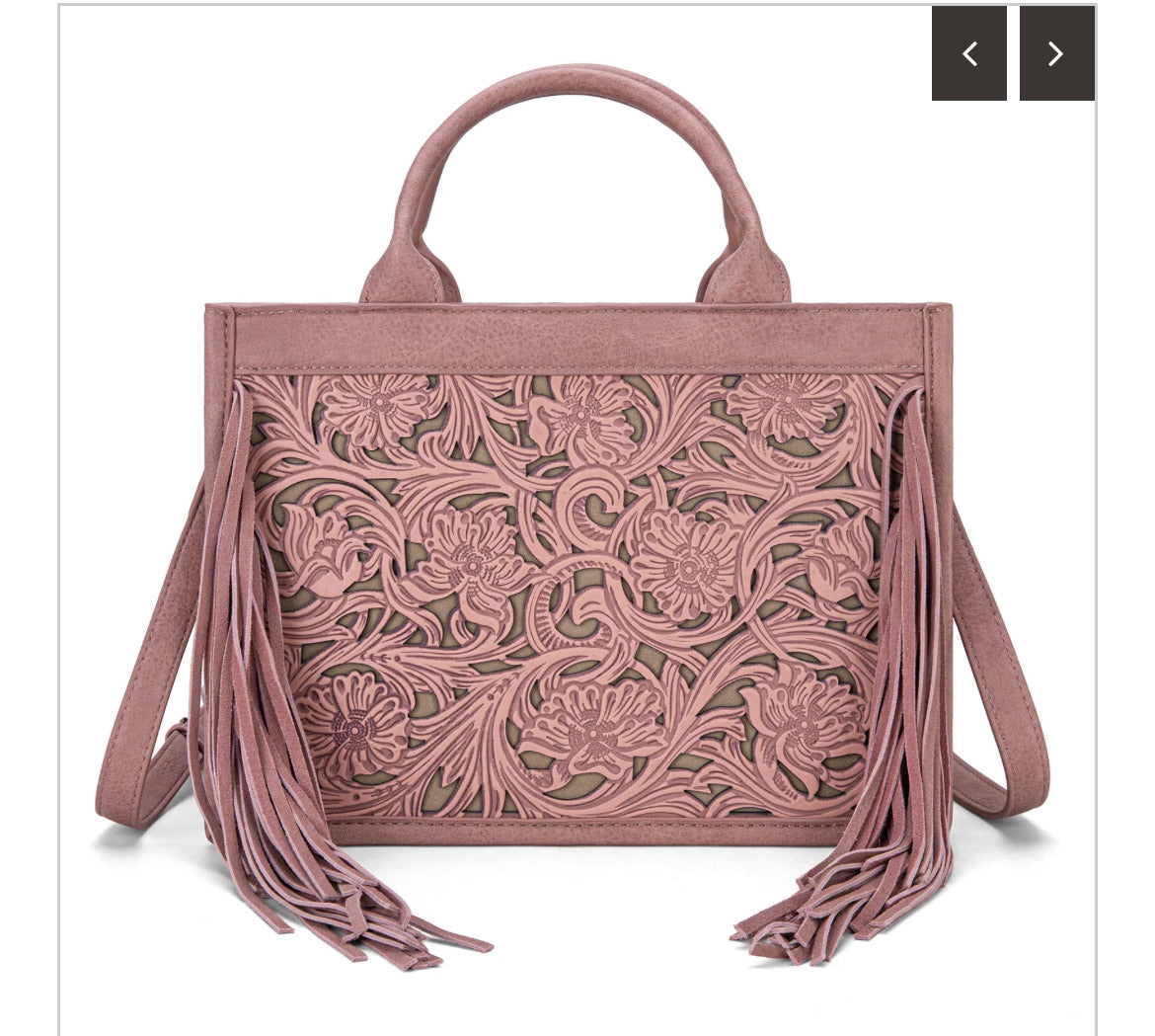 Trinity Ranch Pink Floral Tooled Fringe Conceal Carry Crossbody Tote