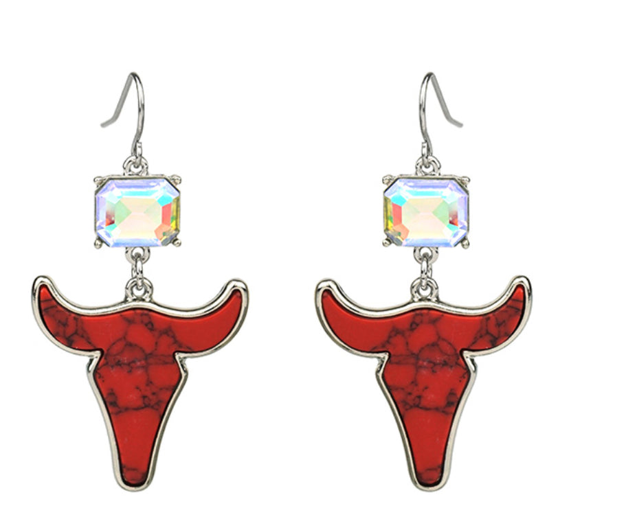 Red Stone Steer head Dangle Earrings with Iridescent Stone