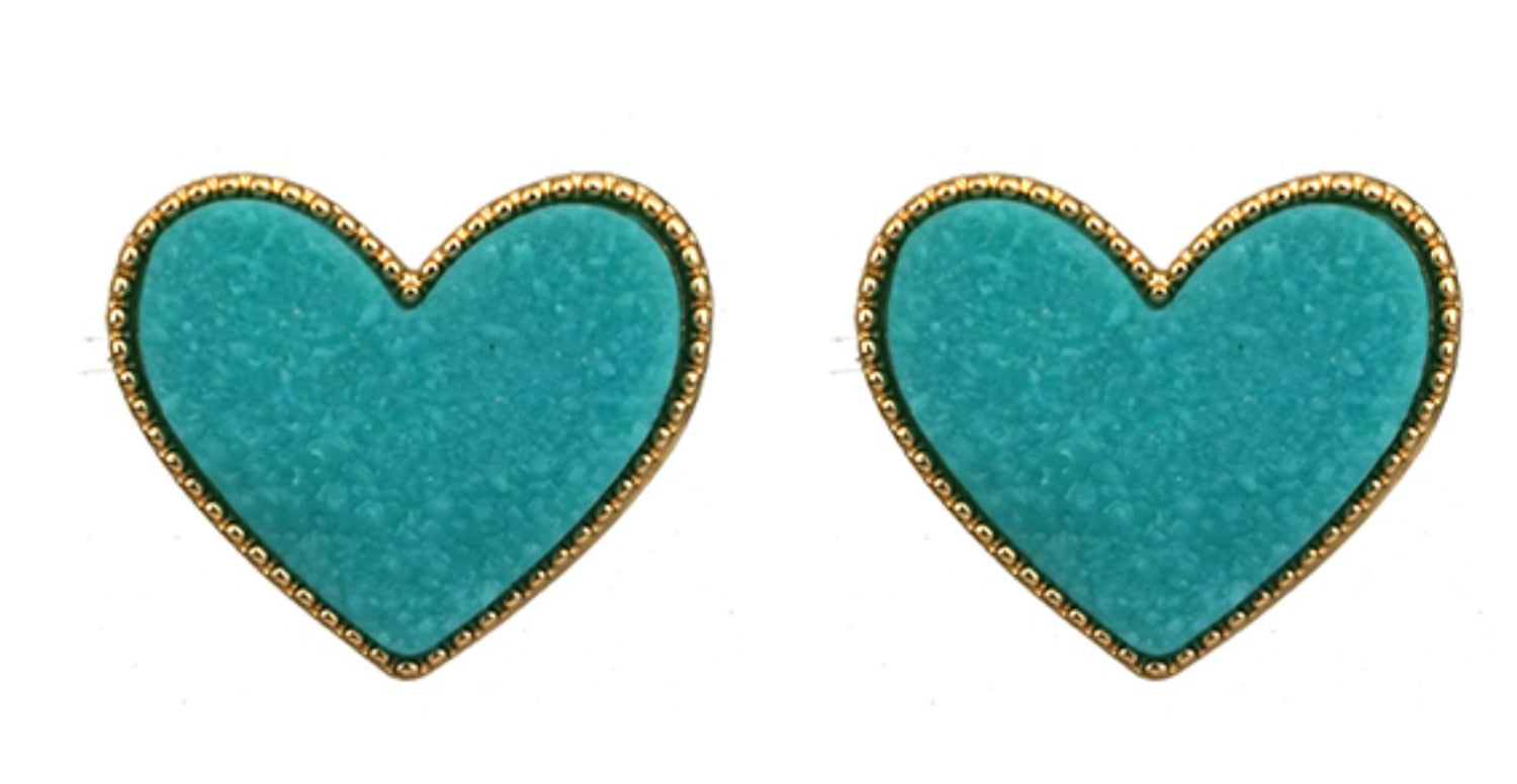 Large Teal Druzy Heart Stud Earrings