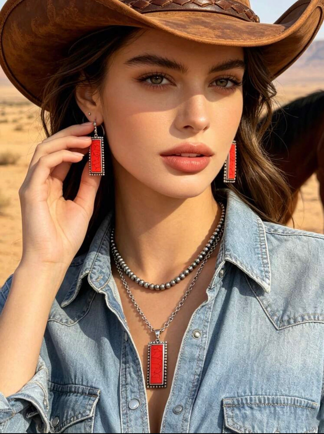3pc.Western Rectangular Red Faux Turquoise Necklace and Earring Set