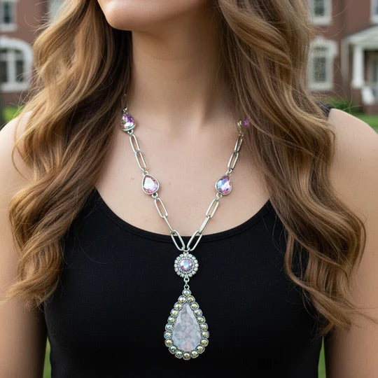 Rhinestone Stud Teardrop Pendant Long Necklace on Link Chain