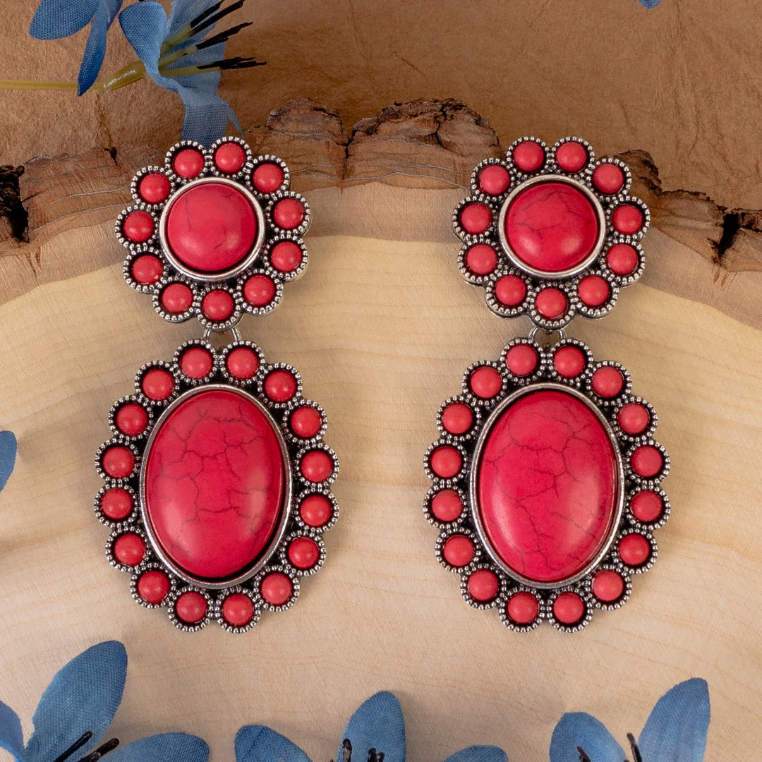 Red Flower Squash Blossom Dangle Earrings