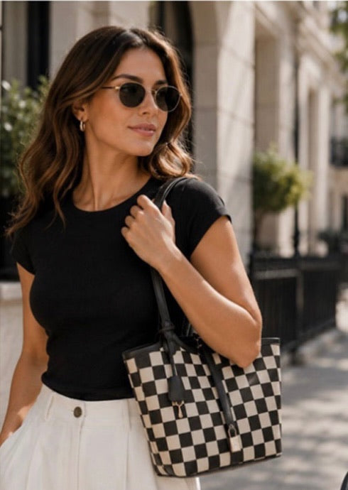 Checkered Plaid Bucket Tote Bag with Padlock