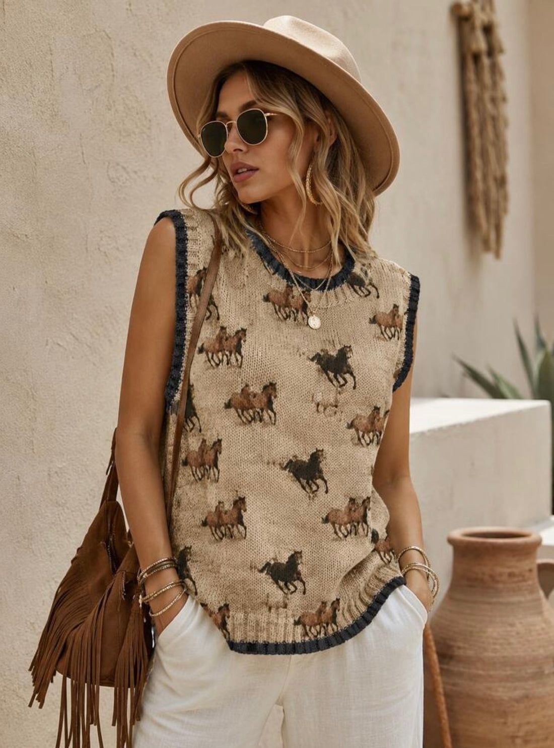 Horse Print Knit Sleeveless Sweater