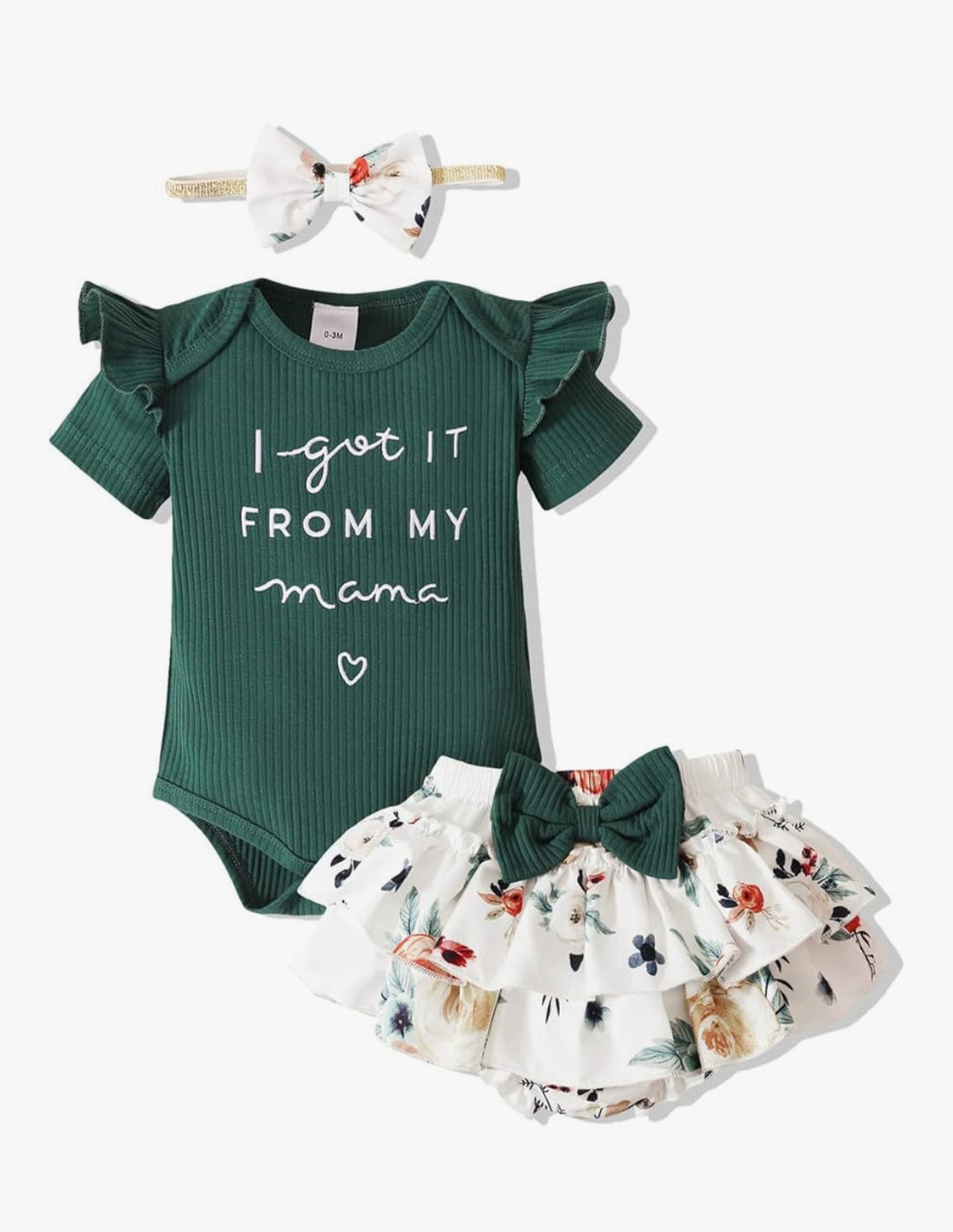 Baby’s Green Ruffle Trim Sleeve Onesie “I Got It From My Mama” with Ruffled Floral Print Bottoms &amp; matching Headband
