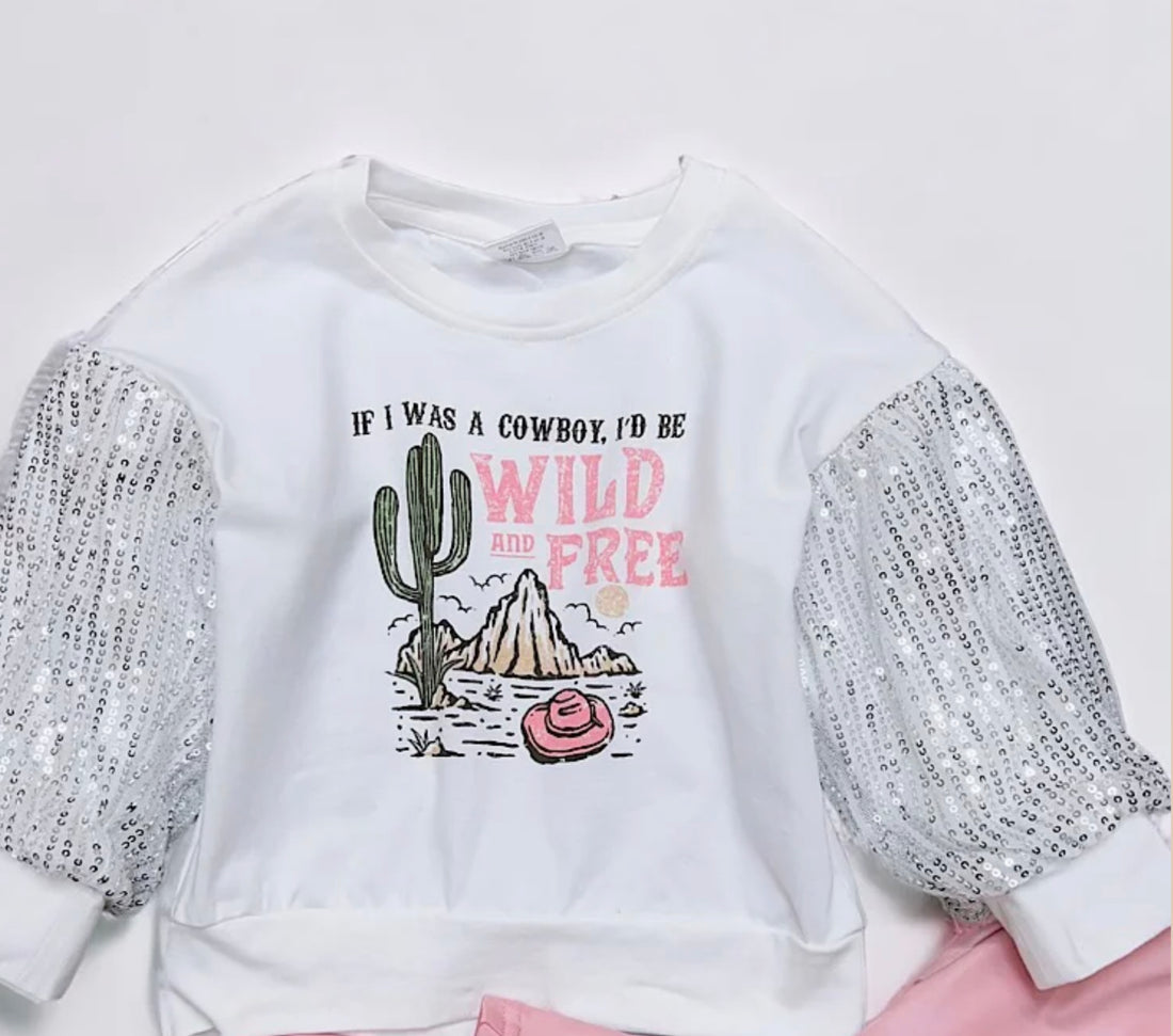 GRAPHIC WESTERN PRINTED SWEATSHIRT W/SEQUINS SLEEVES-Girls