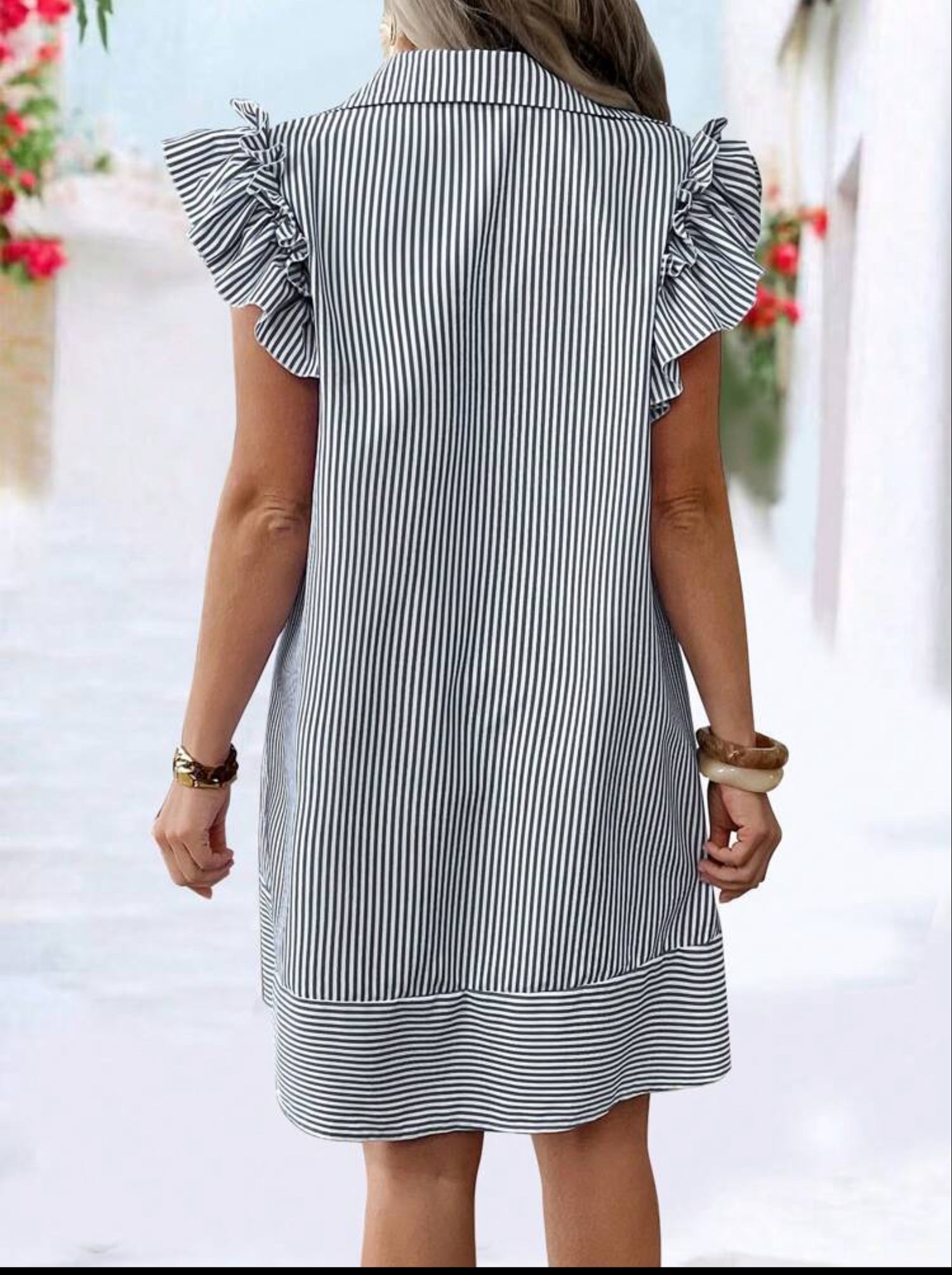 Casual Striped Print Button Front with Cap Sleeve Dress