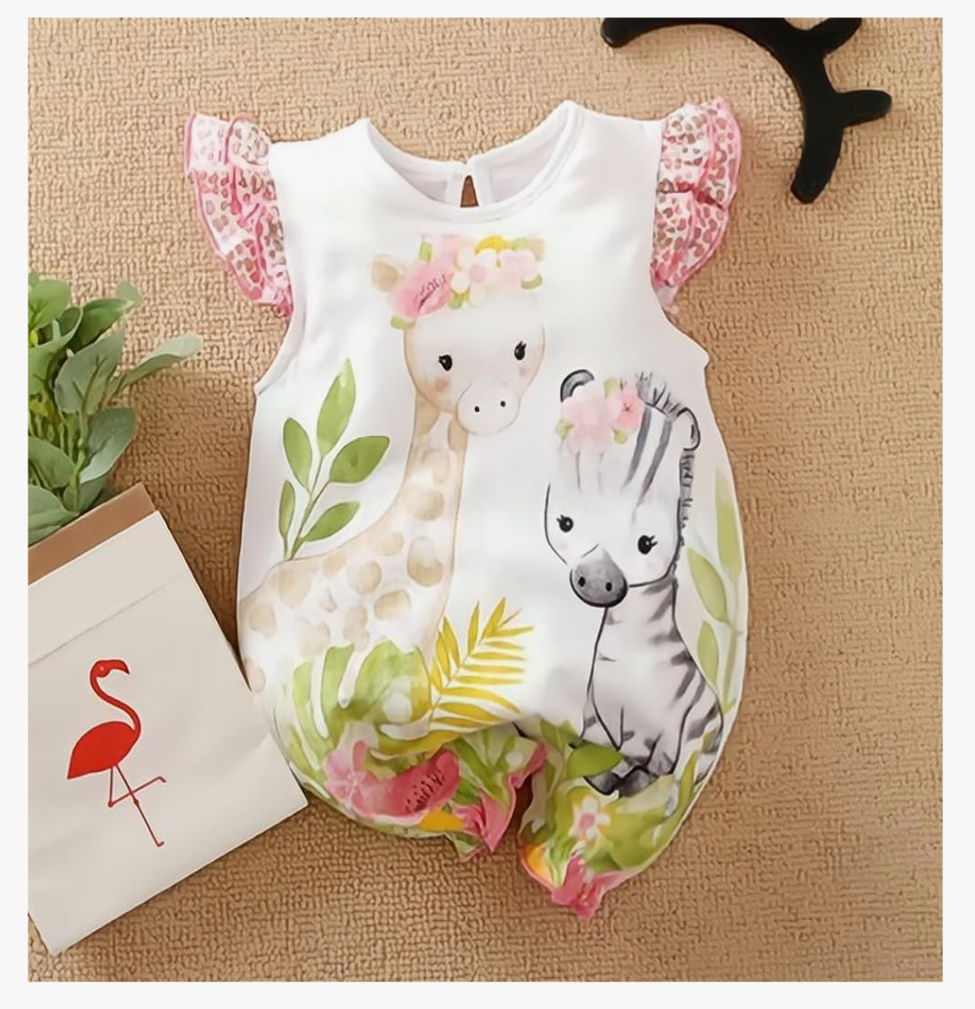 Baby’s Giraffe & Zebra Romper with Floral Cap Sleeves