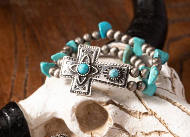 Burnished Silver Cross Bracelet with Turquoise Stones and Grey Beading