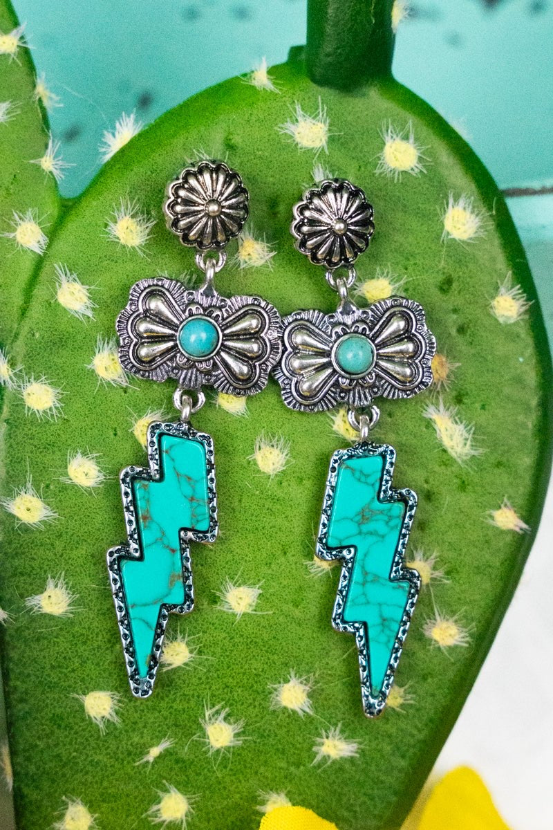 Turquoise Bolt Canyon Silvertone Earrings
