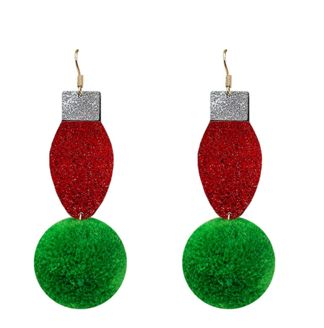 Sparkled Christmas Light Bulb Dangle Earrings with Poms