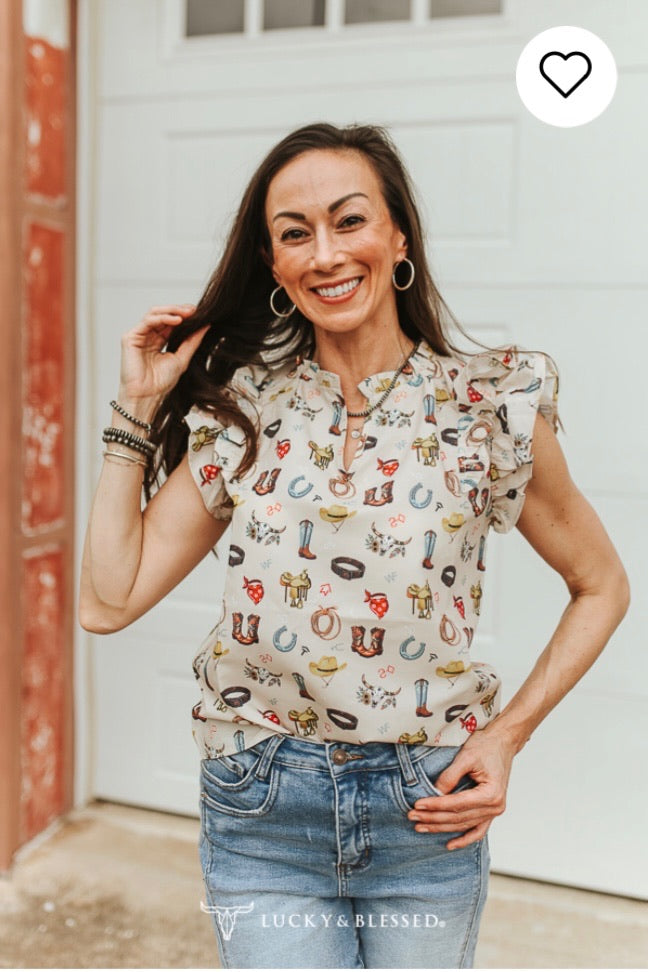 Western Print Split Neck Top