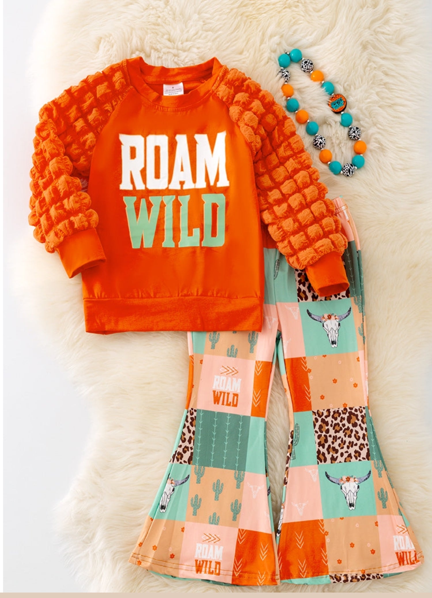 Roam Wild Orange Bubbly Puff Sleeves &amp; Western Printed Pants - Set