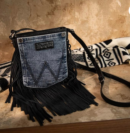 Wrangler Leather Fringe Jean Denim Pocket Crossbody