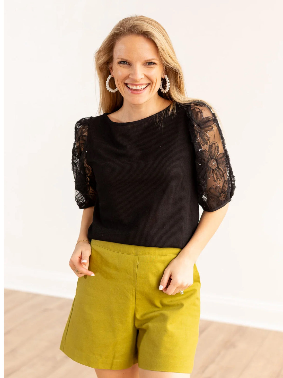 Midnight Blossom Black Sequins Floral Puff Sleeve