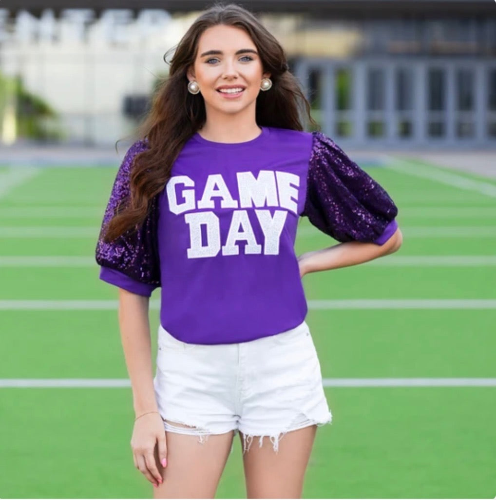Game Day Sequin Bubble Sleeve Top