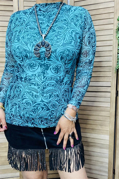 Teal and Black Paisley Tighten Turtleneck Long Sleeve Top