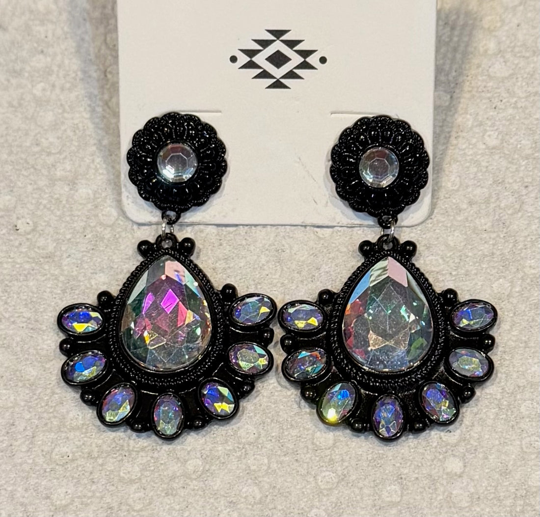Black with Iridescent Rhinestone Dangle Earrings