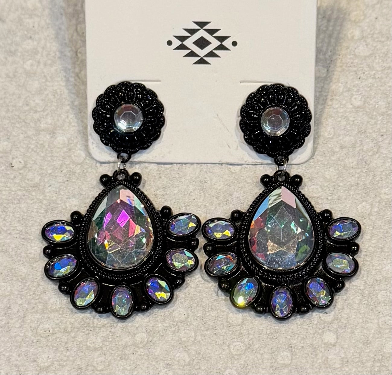 Black with Iridescent Rhinestone Dangle Earrings