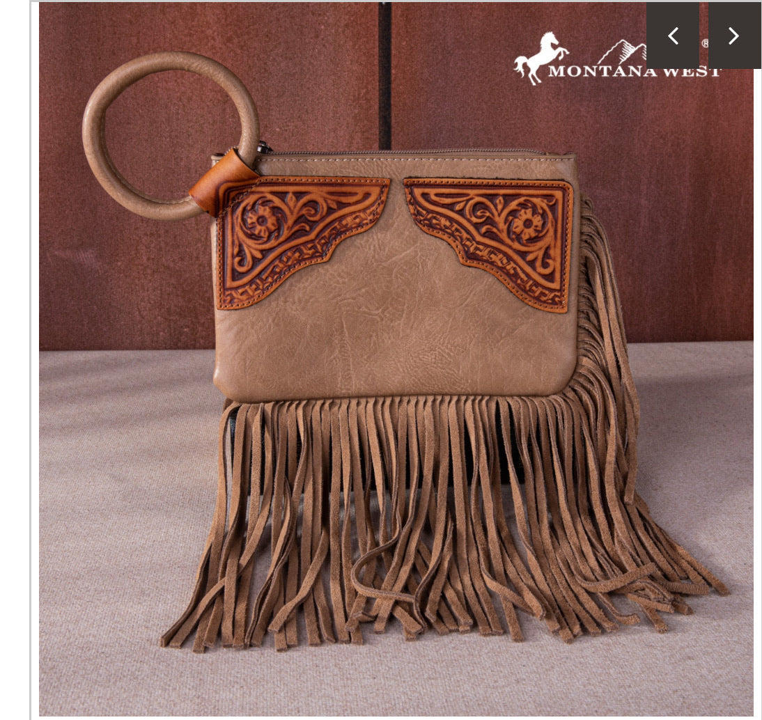 Montana West Floral Tooled Fringe Leather Wristlet