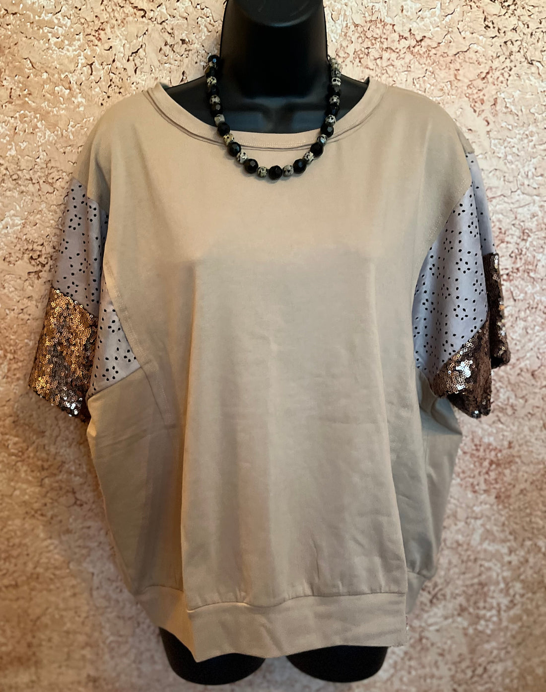 Coffee Colored Top with Bronze Sequin Sleeves