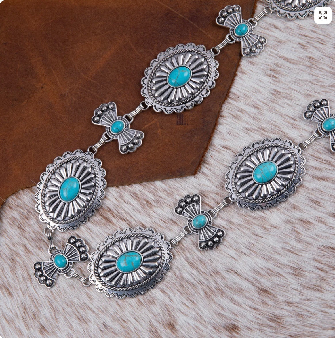 Rustic Couture Etched Oval Stone Concho Link Chain Belto
