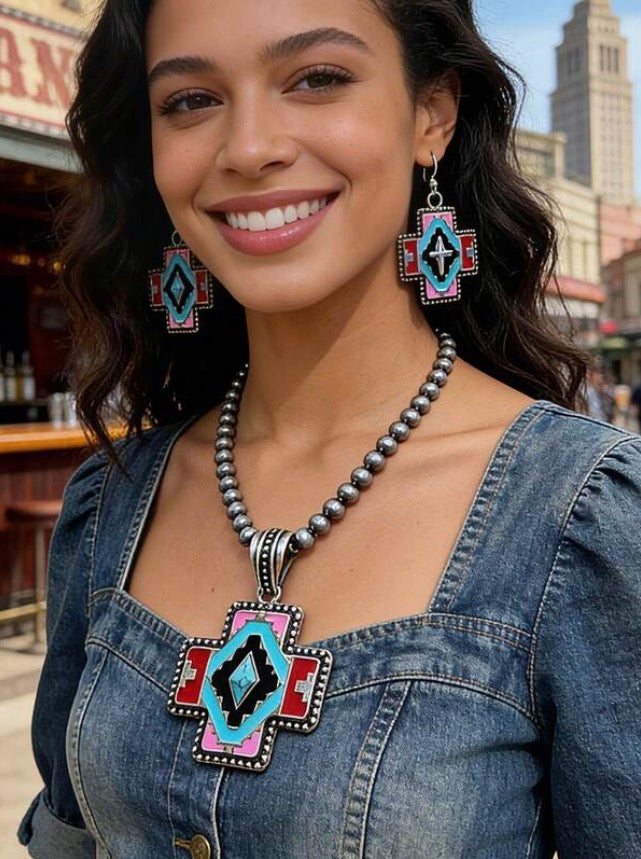 Bohemian Style Creative Cross Necklace and Earring Set