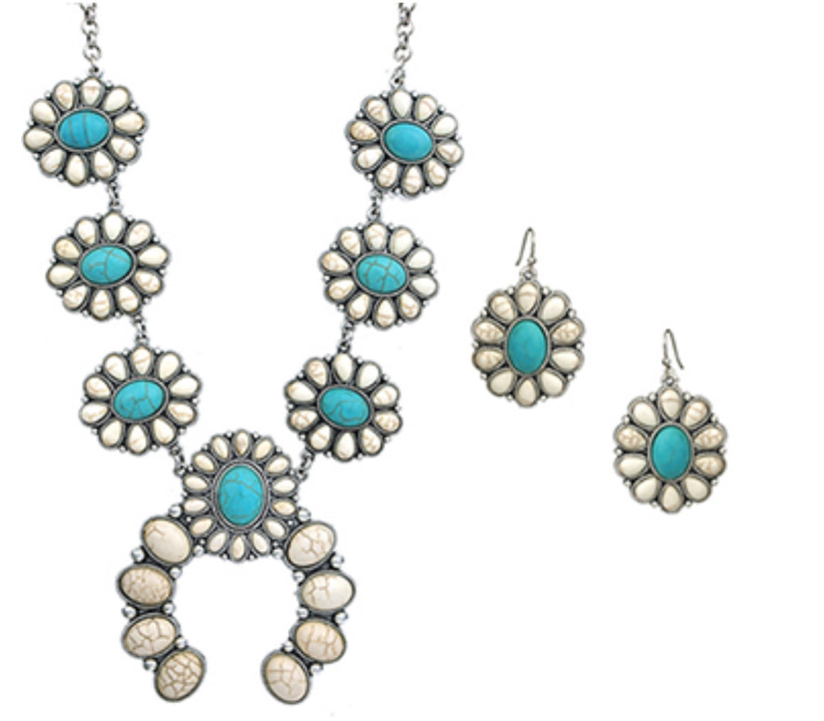 White and Turquoise Western Squash Blossom Necklace Set