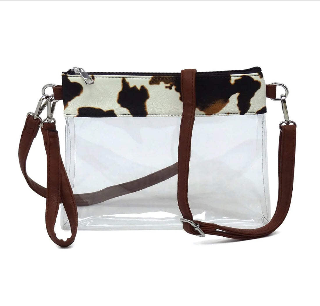 Cow Print Clear Stadium Style Purse with Long Strap