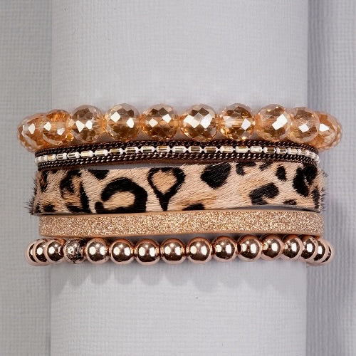 Magnetic Close Bead and Leather Stacked Bracelet