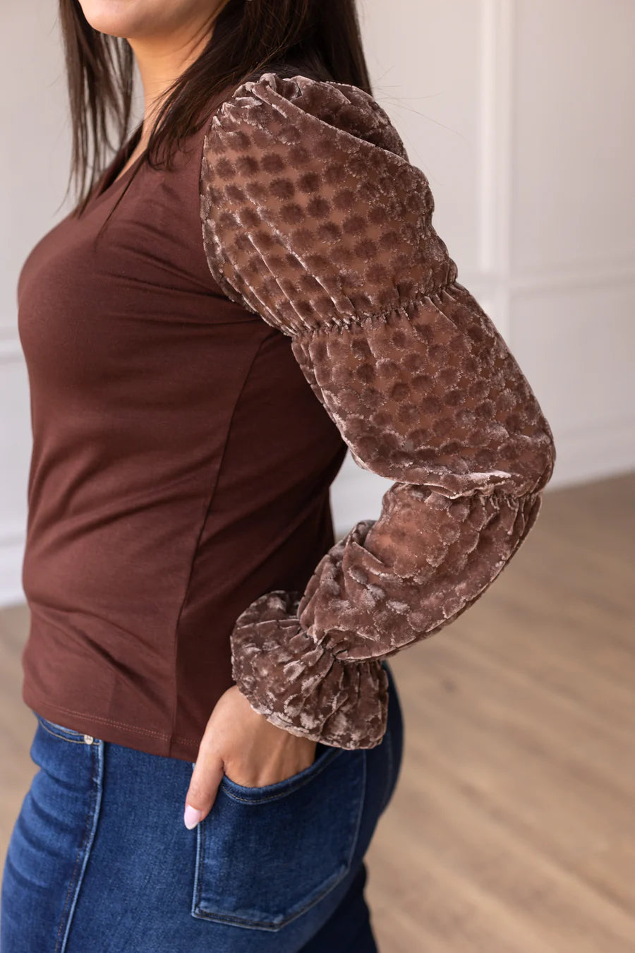 Elegant Brown Top with Burnout Velvet Sleeves
