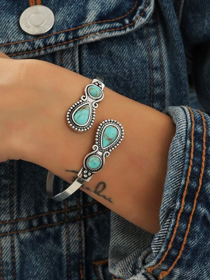 Burnished Silver and Inset Turquoise Wrap Around Bracelet