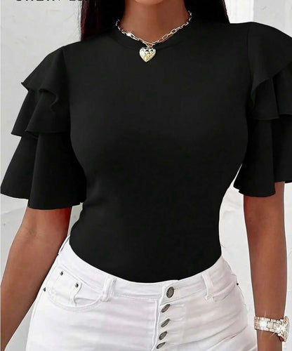Solid Color Ruffle Sleeve Fitted Top