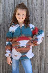 Kids Teal and Brown Aztec Style Pullover Jacket