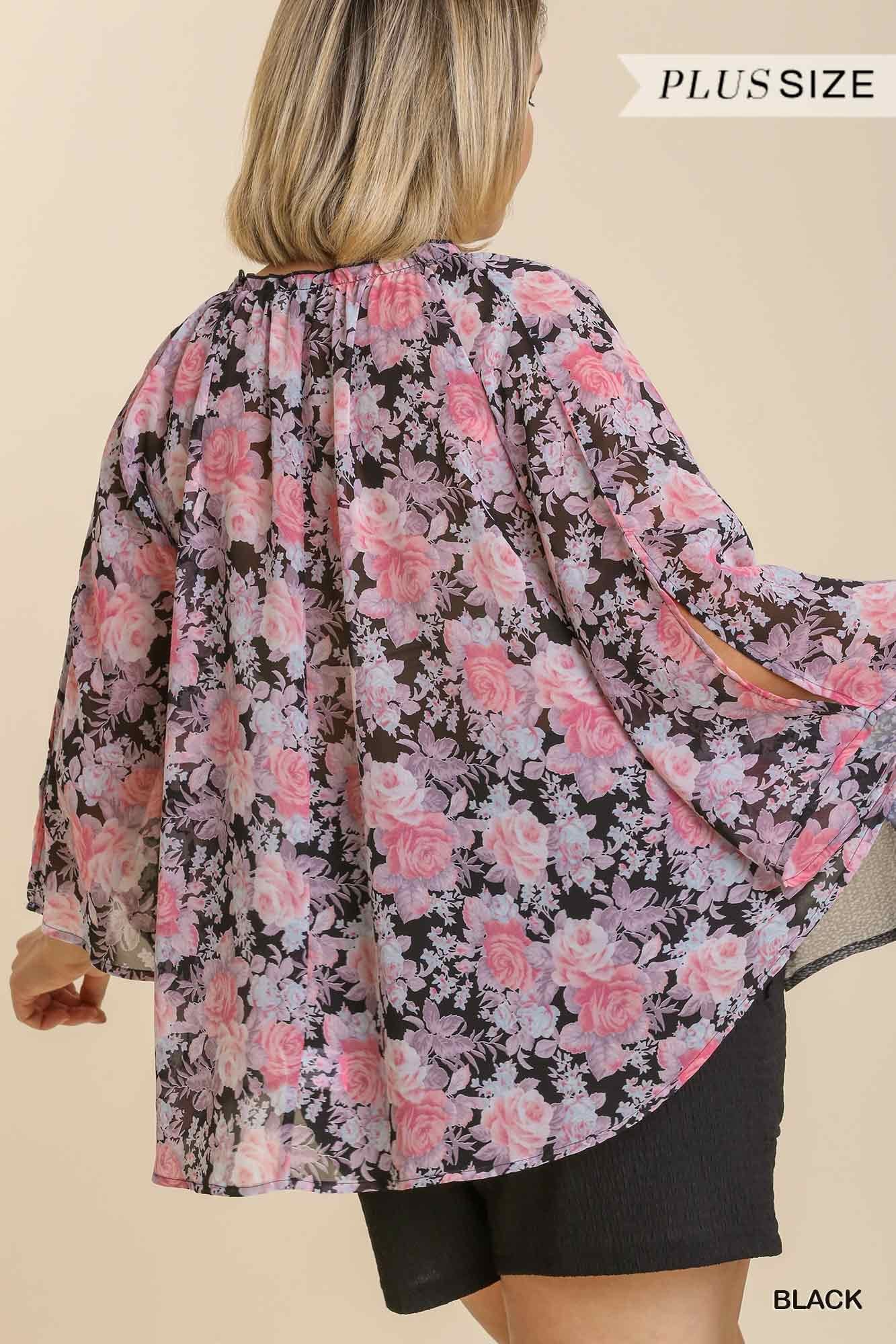 Women’s Floral Mixed Print Sheer Flowy Cape Top with Front Tie