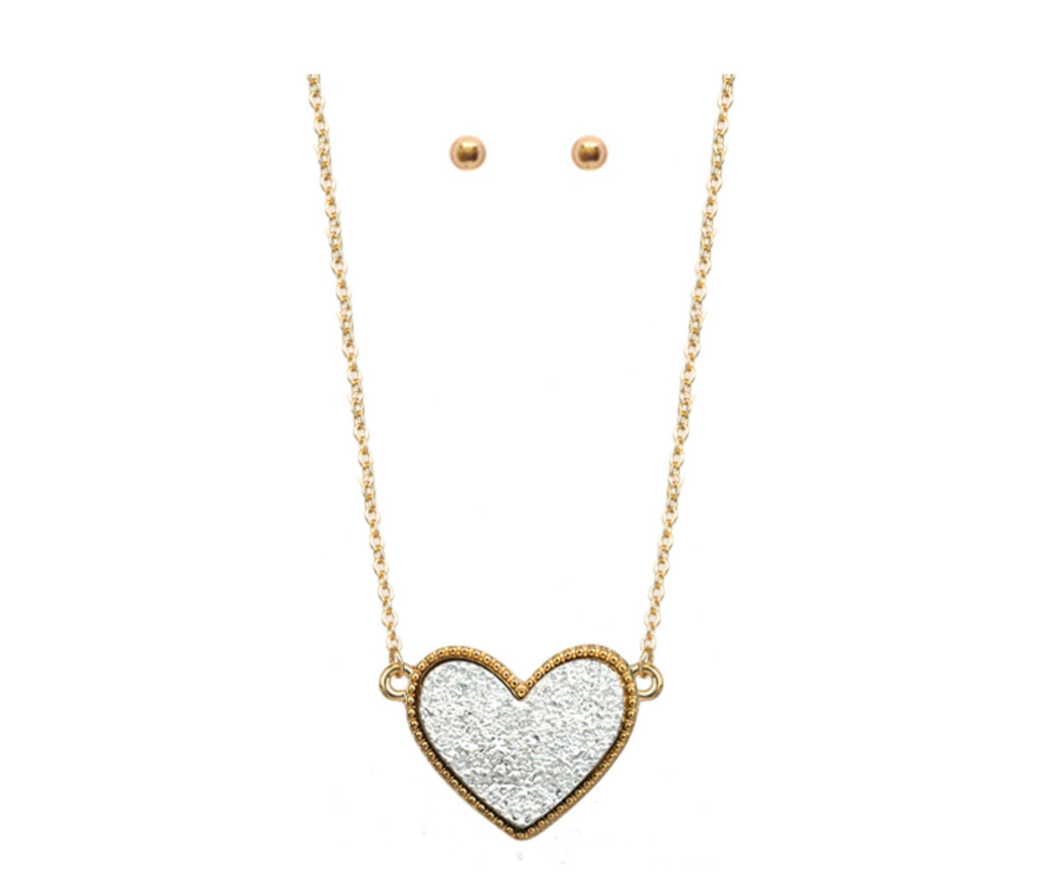 Lg. Druzy Heart Pendant On Gold Chain And Stud Earrings