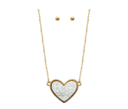 Lg. Druzy Heart Pendant On Gold Chain And Stud Earrings