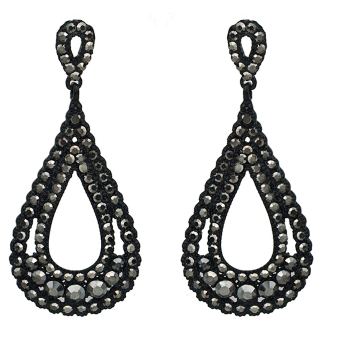 Black Layered Teardrop Earrings with Black Crystals