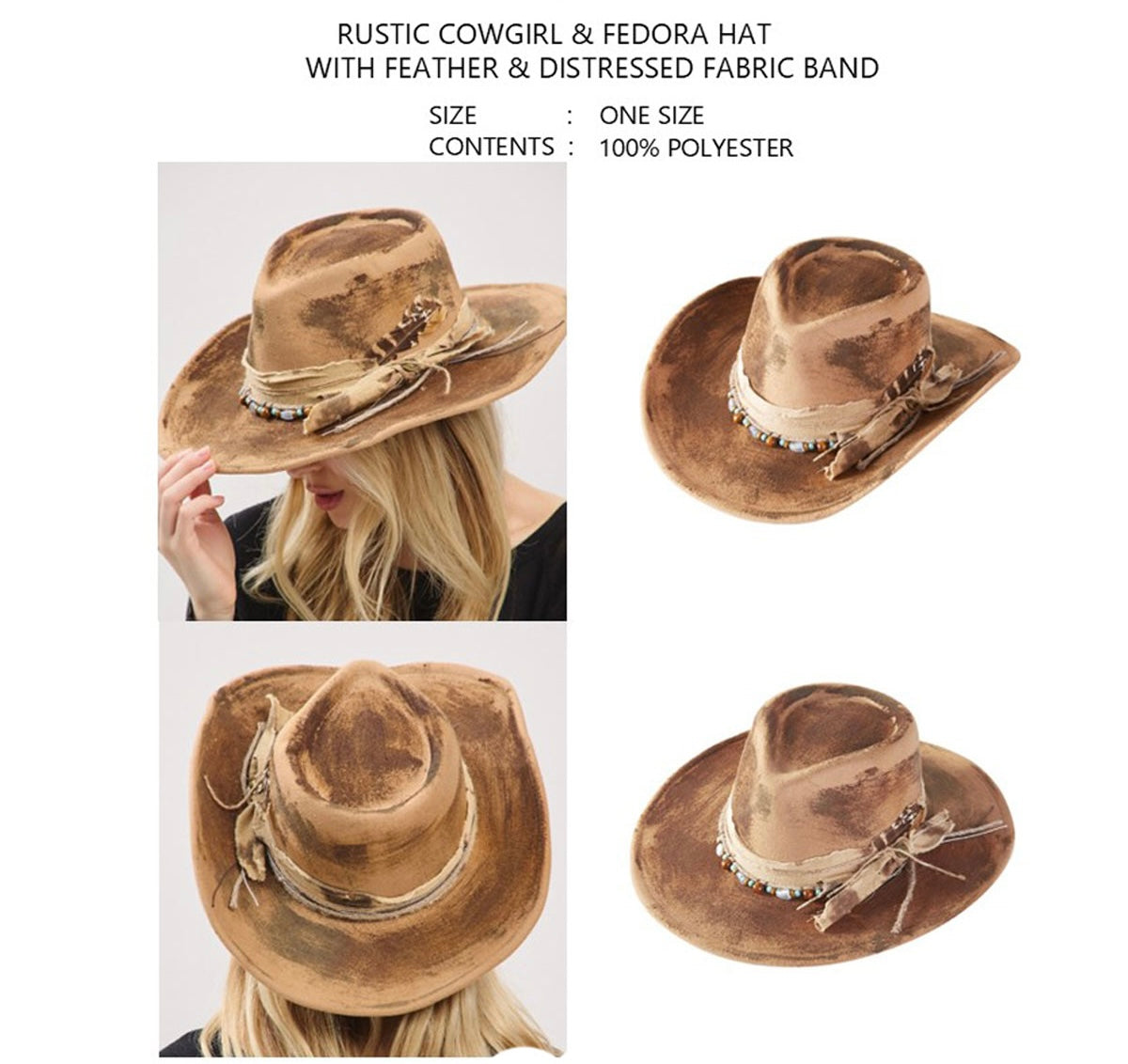 Rustic Cowgirl Fedora Hat with Feather &amp; Distressed Fabric Band