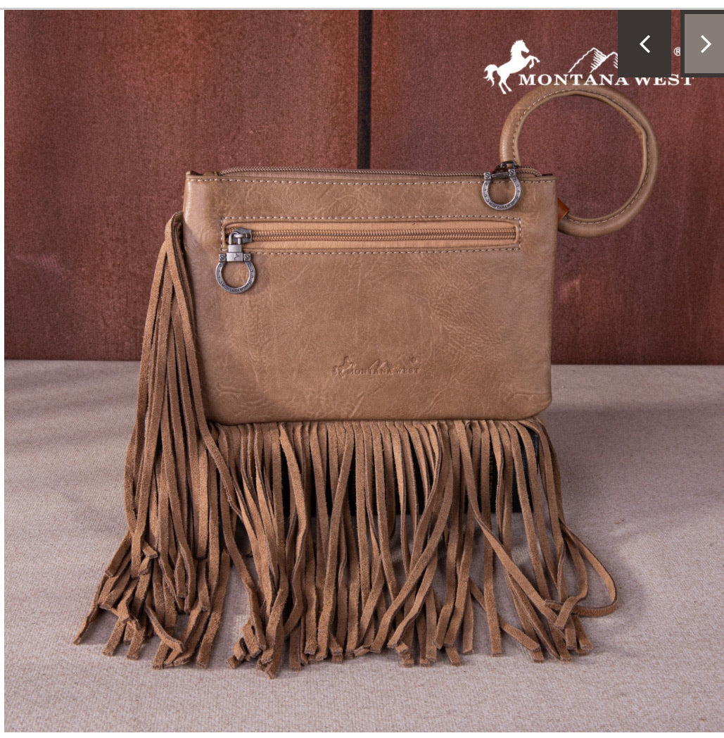 Montana West Floral Tooled Fringe Leather Wristlet