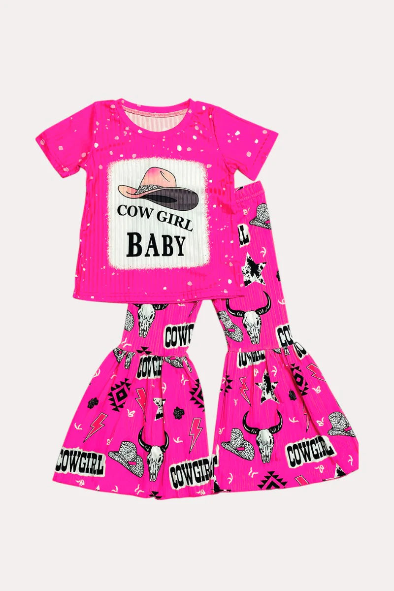 “Cowgirl Baby" Printed Short Sleeve 2pc Girls Pants Set