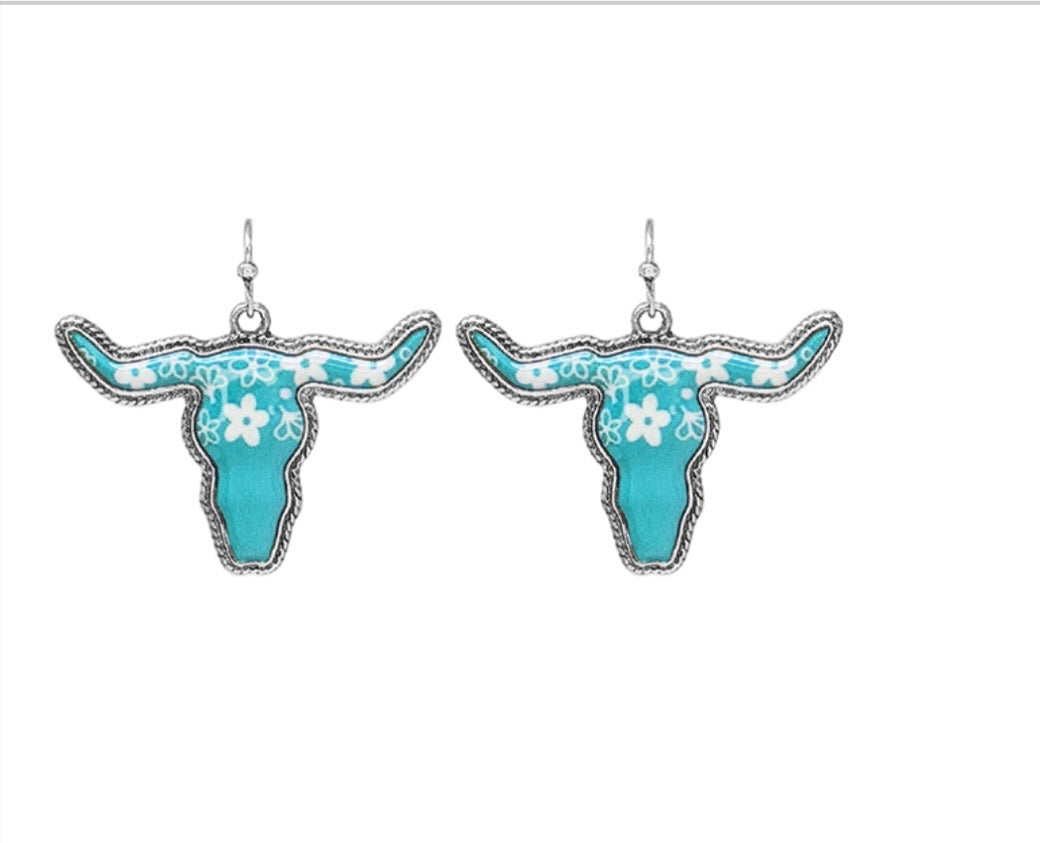 Turquoise Flower Longhorn Dangle Earrings