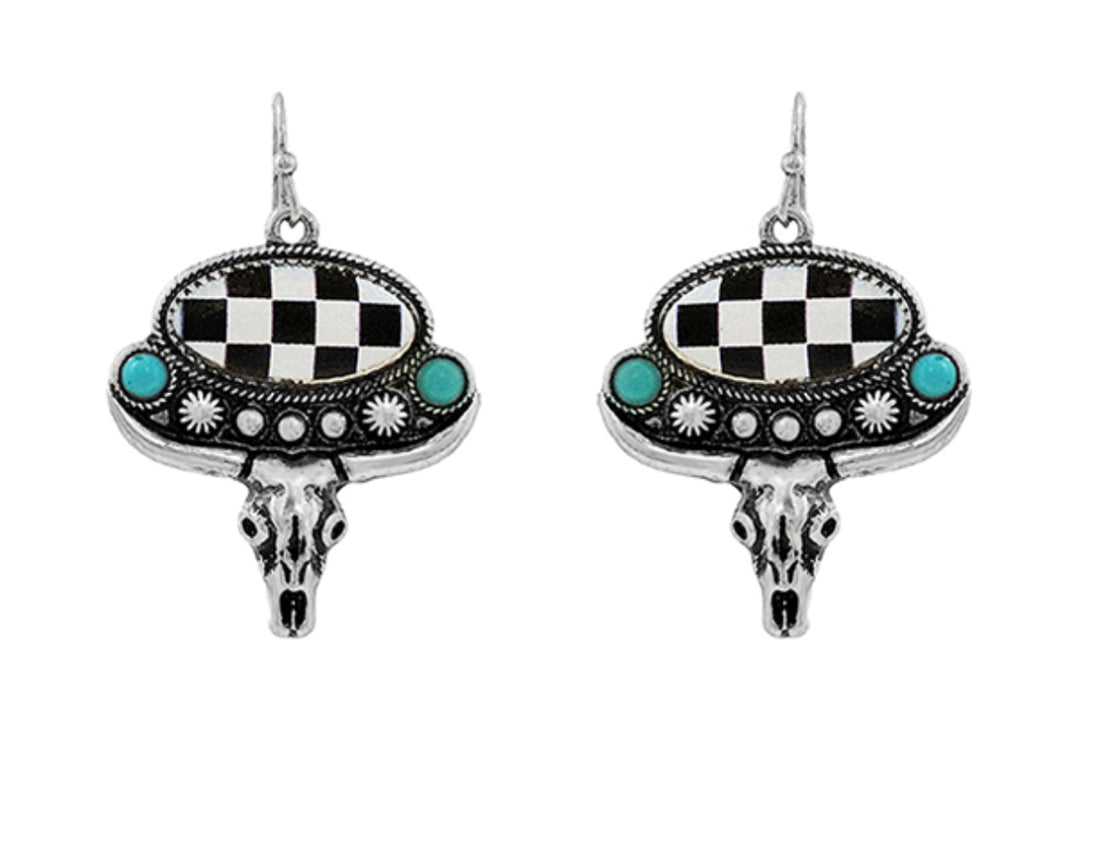 Burnished Silver Steer head Dangle Earrings with Turquoise Stones and Oval Black and White Checkered Stone