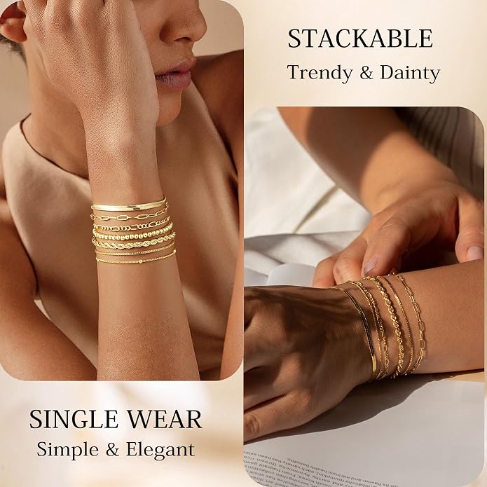 7PCS Gold Bracelets for Women, 14K Gold Plated Beaded Bracelet Set