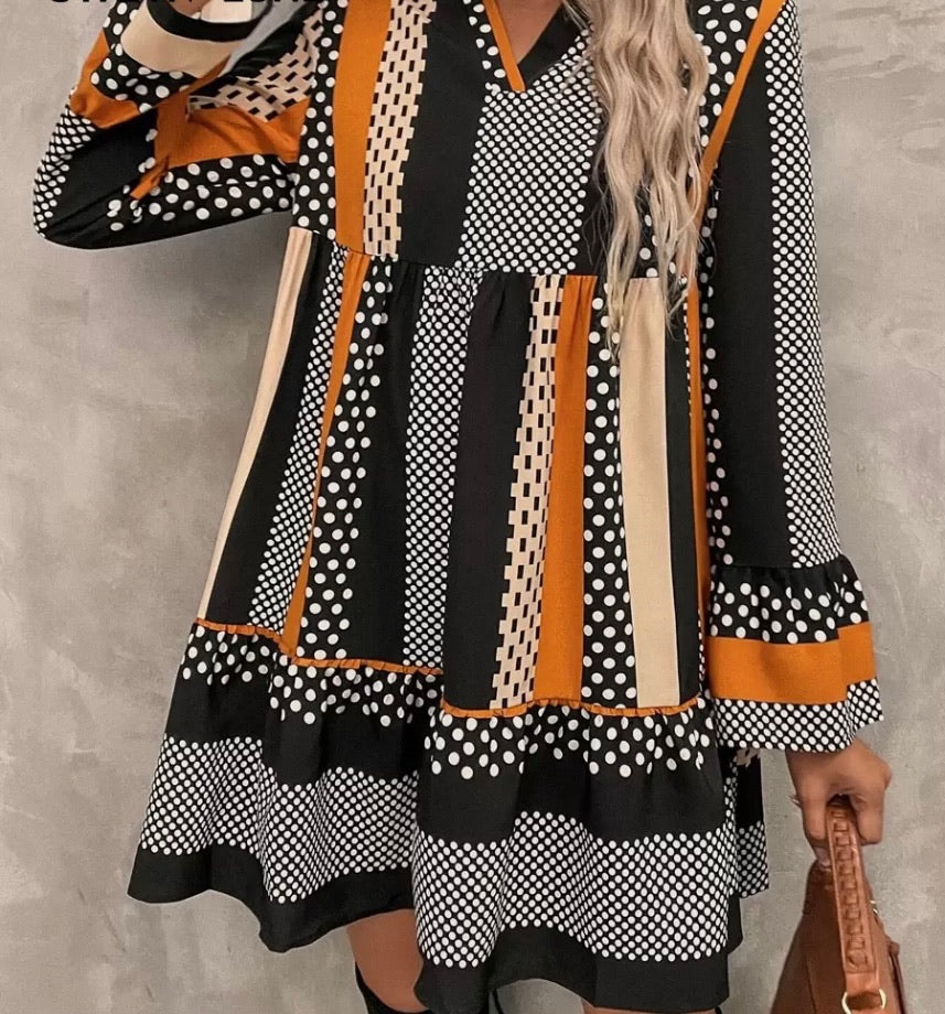 Striped and Polka Dot Ruffle Smock Dress