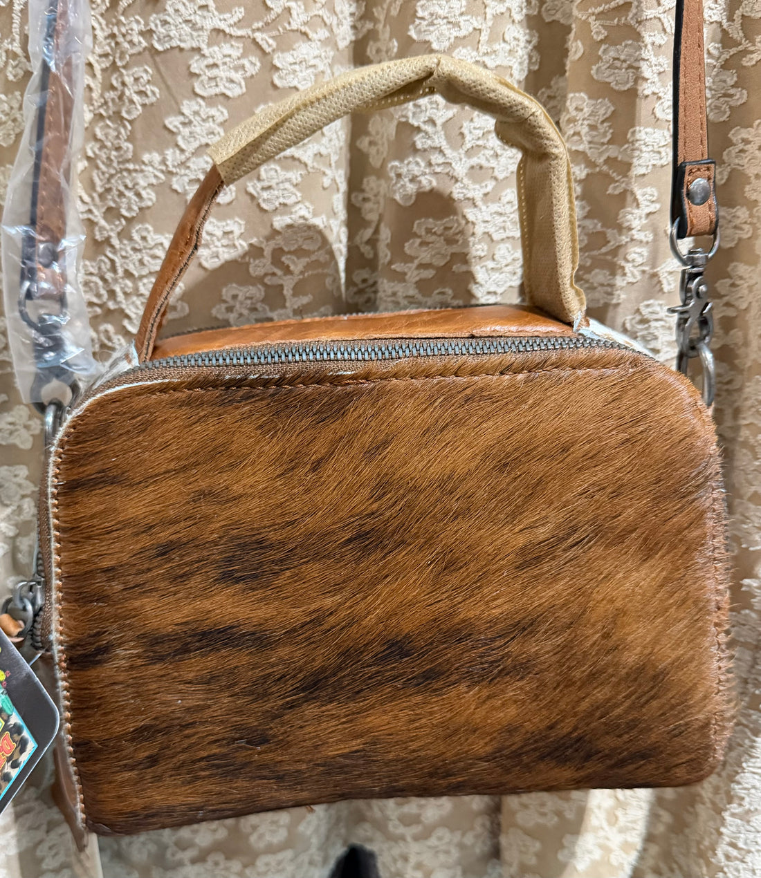 Genuine Leather and Cowhide Double Zipper with Crossbody Strap and Handle